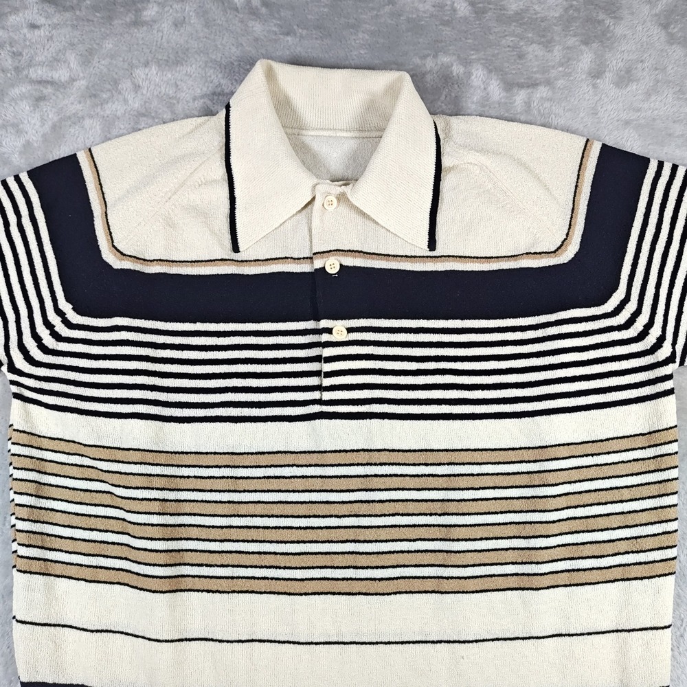 Vintage Disco Polo Shirt Mens Medium Cream Striped Knit Short Sleeve Retro Mod